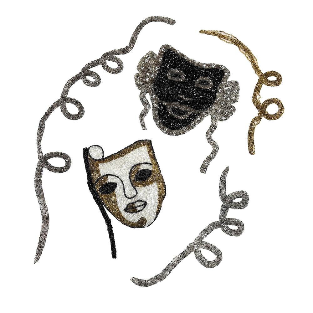 VTG 80s Beaded Applique Set Venetian Masks Patch Theater Bonnie Boerer